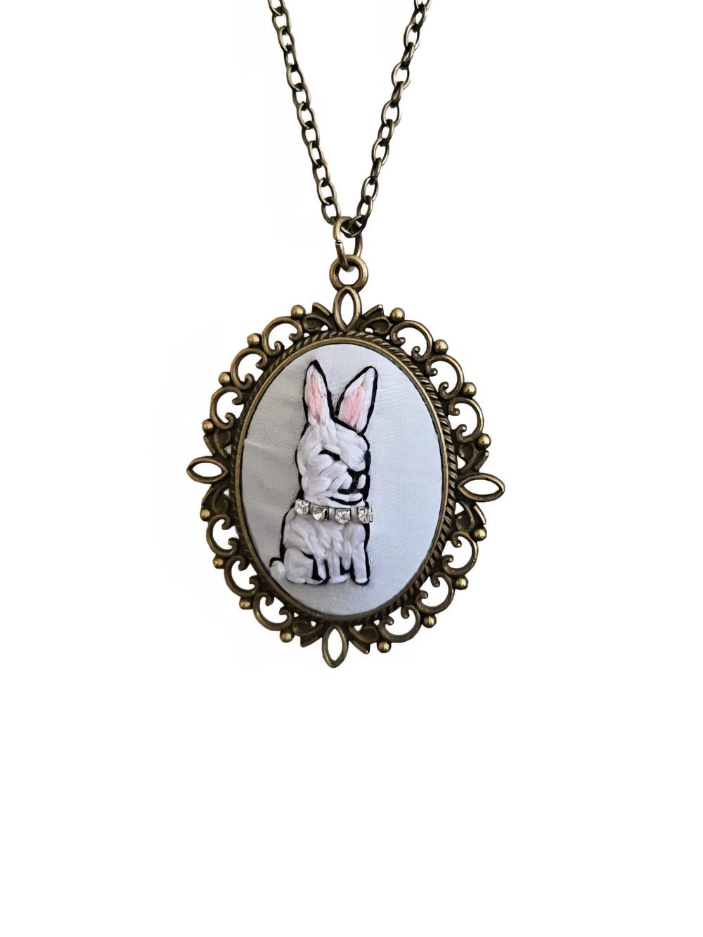 Hand Embroidered Cute Bunny Rabbit Wearing Jewels Pendant Necklace Unique